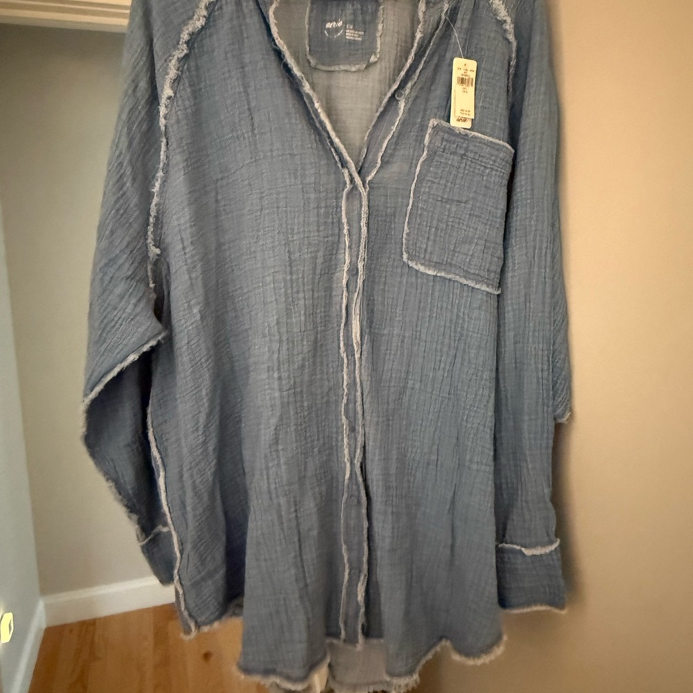 Aerie Frayed Denim Button-Up Shirt